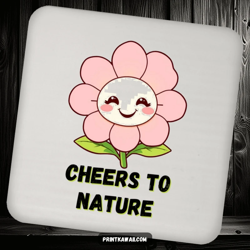 Funny Drink Coasters showcasing a happy, blooming flower character smiling, offering surface protection with a cheerful, floral aesthetic.