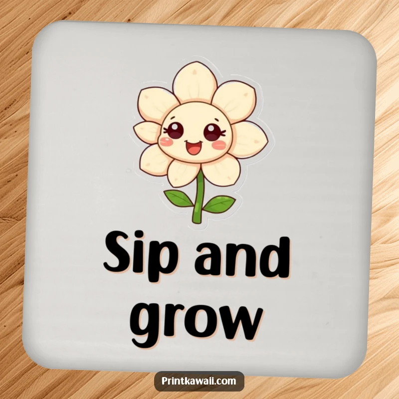 Funny happy flower character on a drink coaster, petals unfurling, adding cheerful floral humor, funny gift.