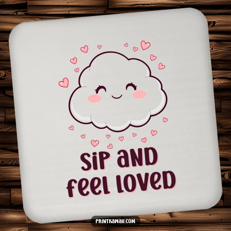 Funny coaster with a smiling cloud sprinkling hearts, protecting surfaces with sweetness and care, a great funny gift.