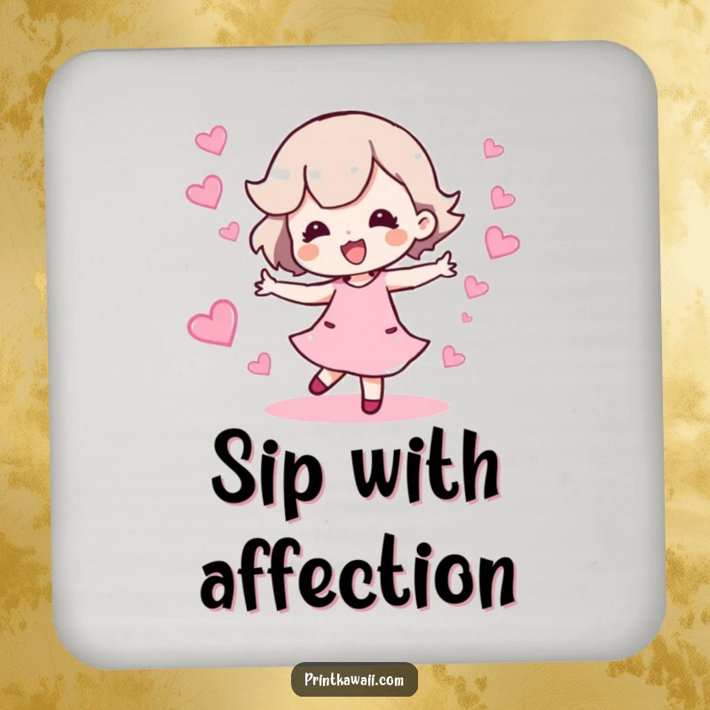 Funny drink coaster featuring a character doing a happy dance with a sparkling trail of hearts, adding cheer.