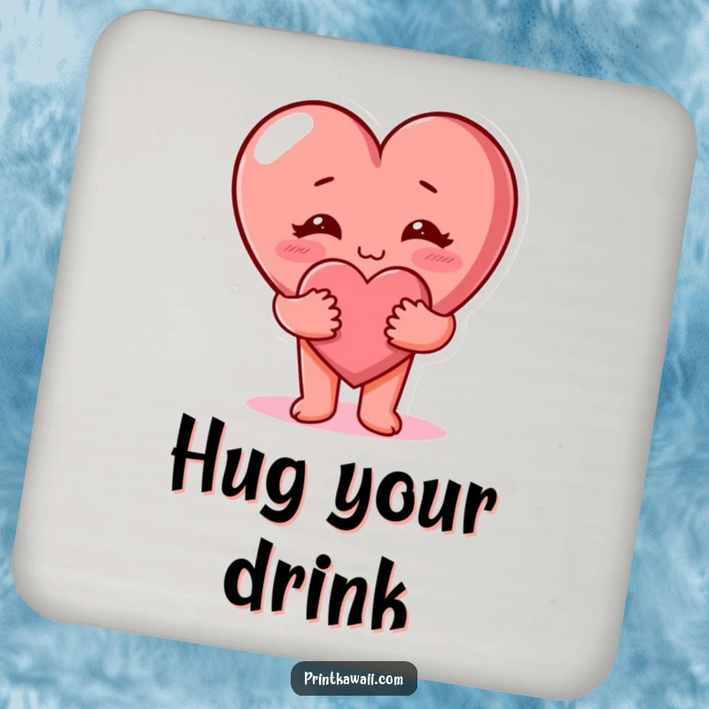 Funny cute heart character giving a hug on a coaster. Protects surfaces, warm style. Funny.
