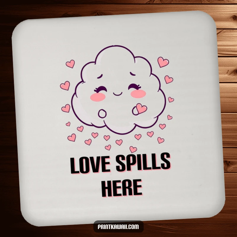Funny drink coaster with a whimsical cloud character playfully raining tiny hearts, for charming surface protection.