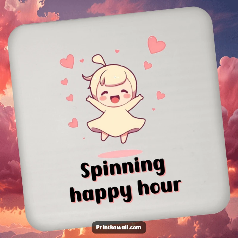 Funny drink coaster featuring a character doing a joyful spin with hearts floating around, protecting surfaces with charm.