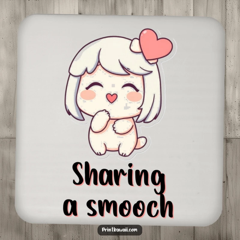 Funny drink coaster with a character smiling gently, blowing a kiss towards a heart, perfect for surface protection and affection.