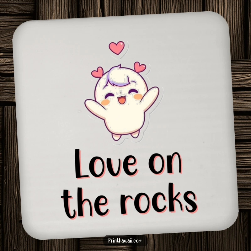 Funny drink coaster featuring a cute character joyfully floating upwards, a heart symbol above its head, protecting surfaces with charm.