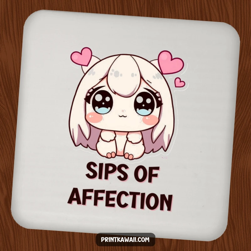 Funny Drink Coaster with a cute character’s wide, sparkling eyes looking at floating hearts.