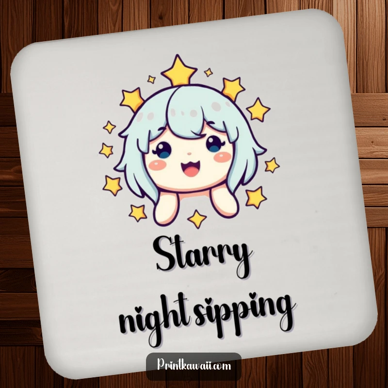 Funny drink coaster showcasing a cute, smiling character surrounded by stars, protecting surfaces with a touch of celestial charm and humor.