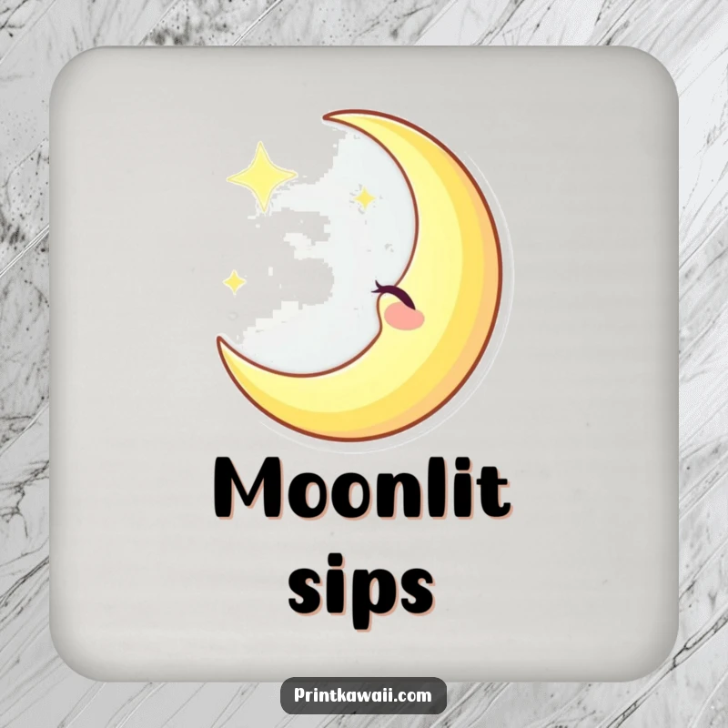 Funny winking crescent moon character on a drink coaster, casting a gentle glow, protecting surfaces with celestial humor, funny gift.