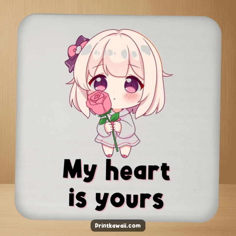 Funny drink coaster with a character blushing deeply, holding a single perfect rose, perfect for surface protection and shy affection.