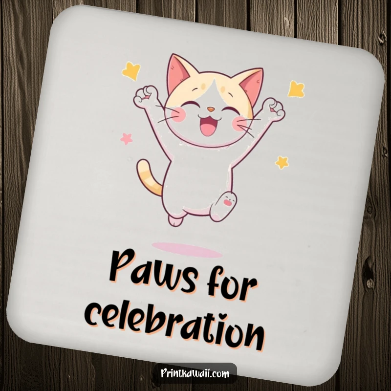 Funny drink coaster showing a cute cat character in a celebratory mid-air jump, adding a touch of fun.