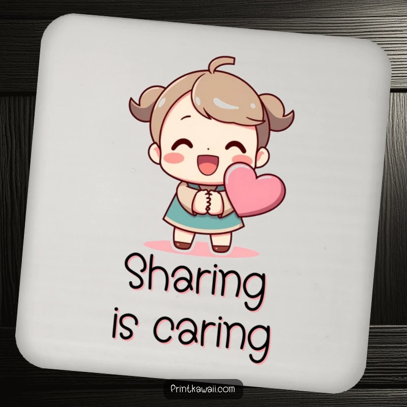 Funny drink coaster with a beaming character holding hands with a stylized heart symbol, perfect for surface protection and joy.