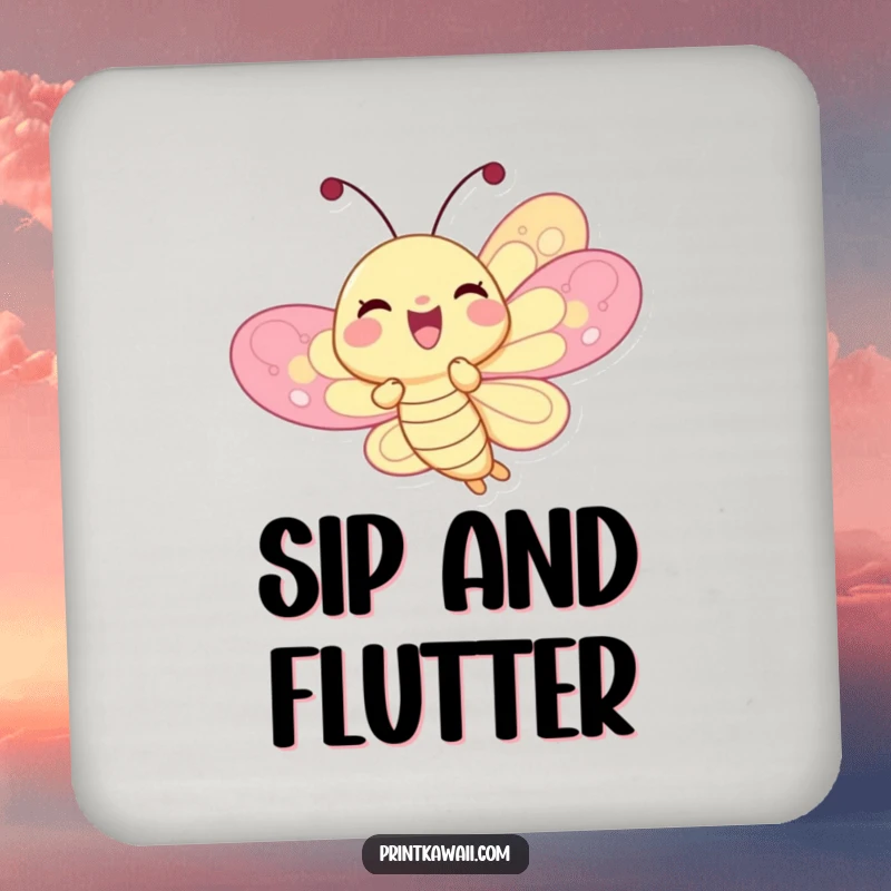 Funny delighted butterfly character on a drink coaster, fluttering joyfully, adding cheerful nature-inspired humor, funny gift.