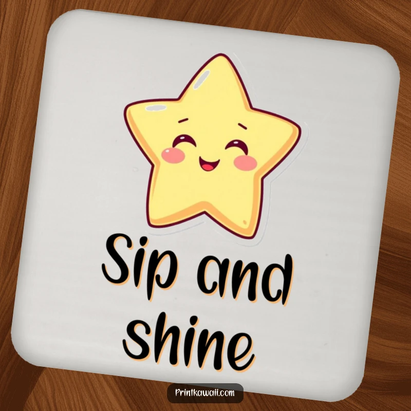Funny drink coaster with a beaming star character spreading happiness, perfect for protecting surfaces and adding a touch of sparkle.