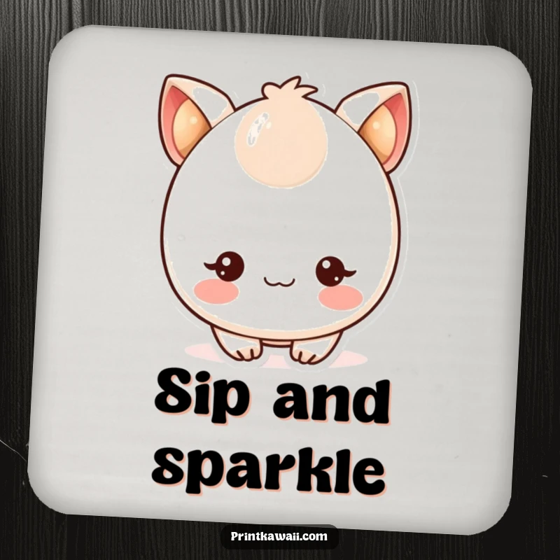 Funny drink coaster featuring a cute kawaii character with blushing cheeks and twinkling eyes, a charming table protector.