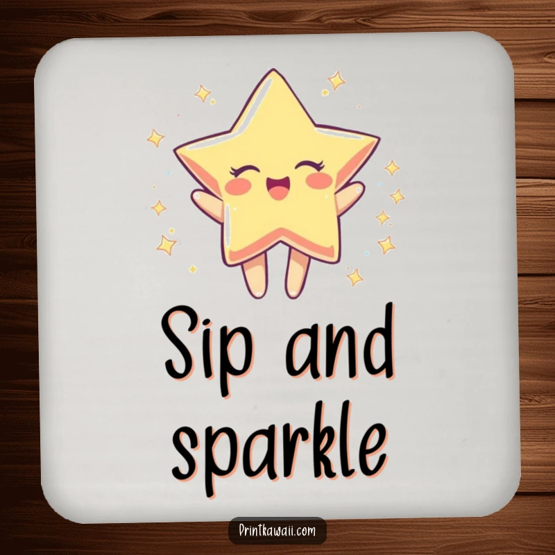 Funny coaster with a star character joyfully spinning, protecting surfaces with sparkle and cheer, a great funny gift.
