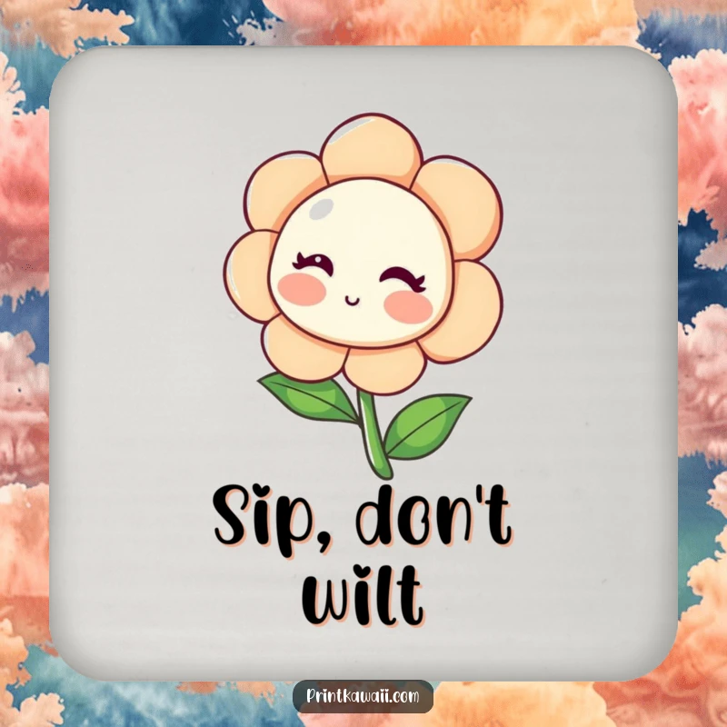 Funny Blushing Flower Coaster with a shy flower character leaning inwards and blushing, offering surface protection with sweet floral humor, a cute funny gift.