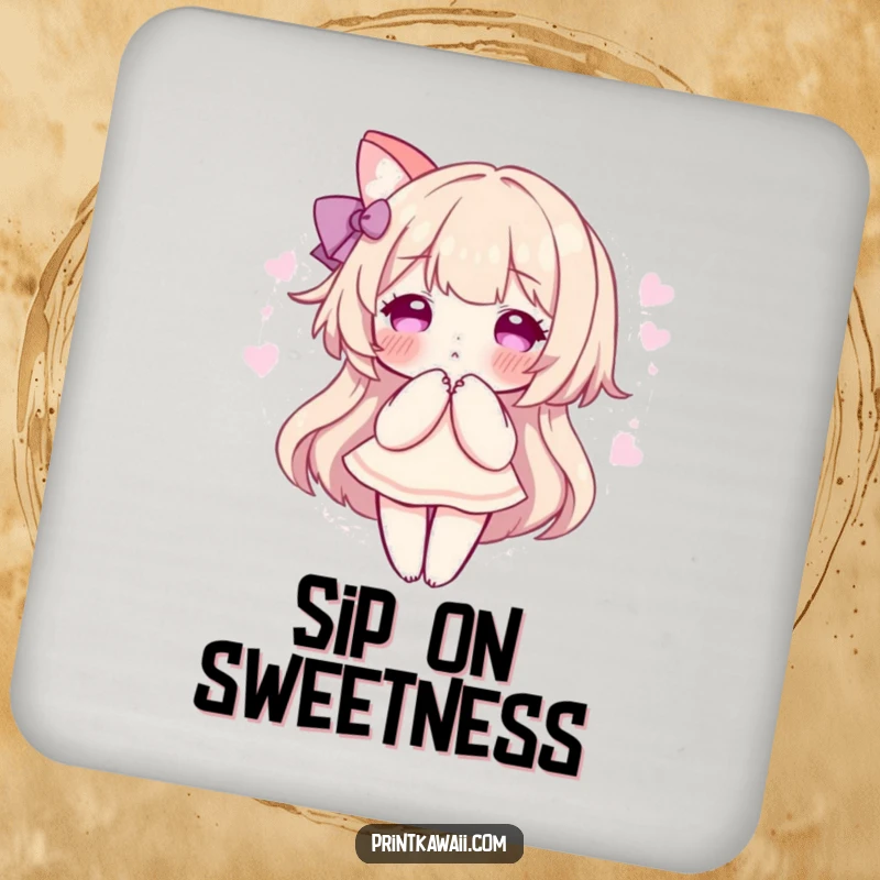 Funny drink coaster with a character in a sweet pose, surrounded by a soft, pink aura, perfect for surface protection and charm.