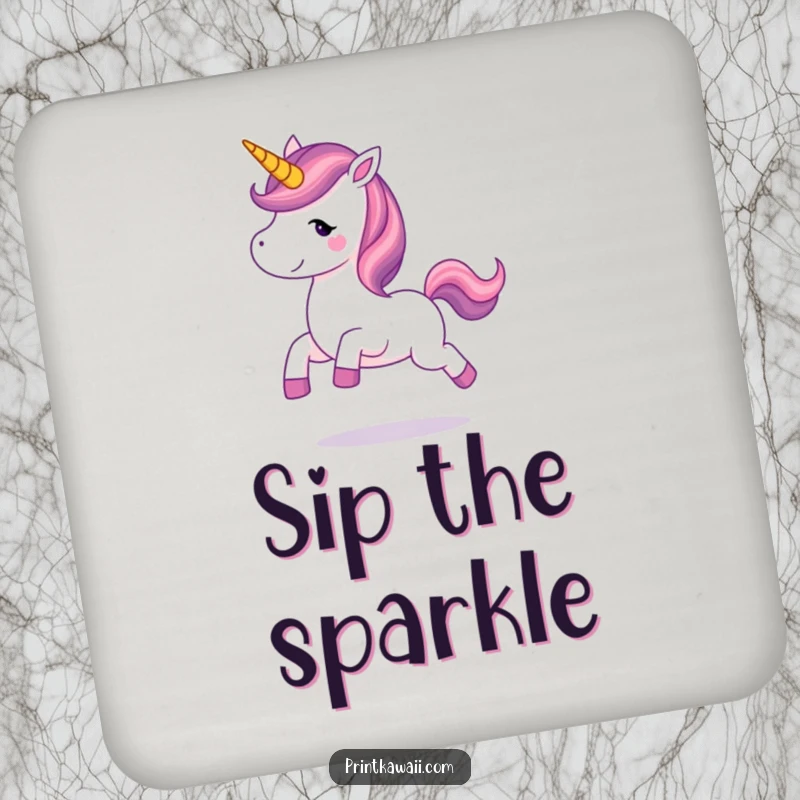 Funny unicorn character prancing joyfully on a set of drink coasters, adding a whimsical and magical touch to any surface.