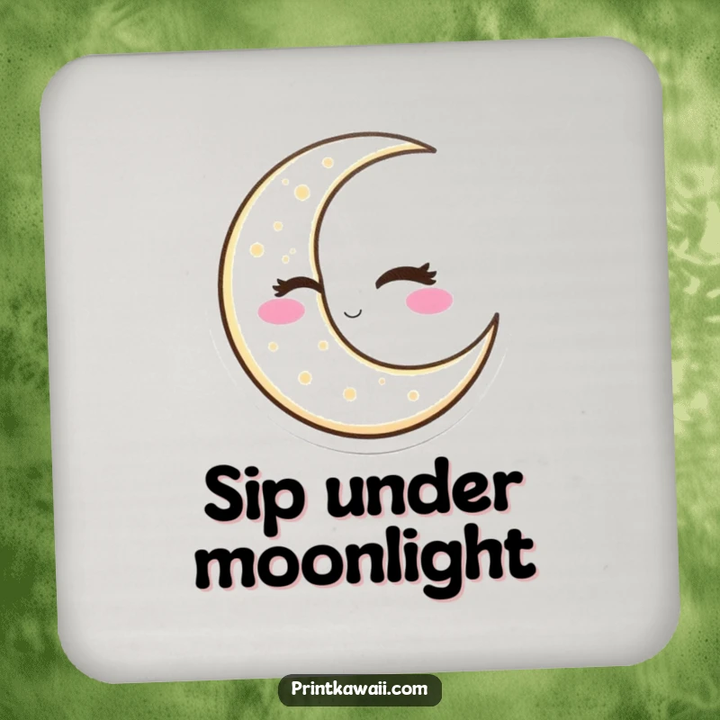 Funny Winking Moon Coaster with a slyly winking crescent moon character, offering surface protection with celestial humor, a practical funny gift.