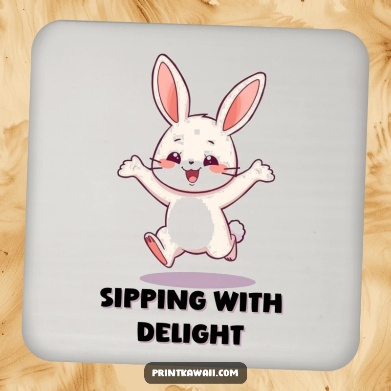 Funny drink coaster featuring a playful bunny character in a happy leap, adding joy and whimsical protection.