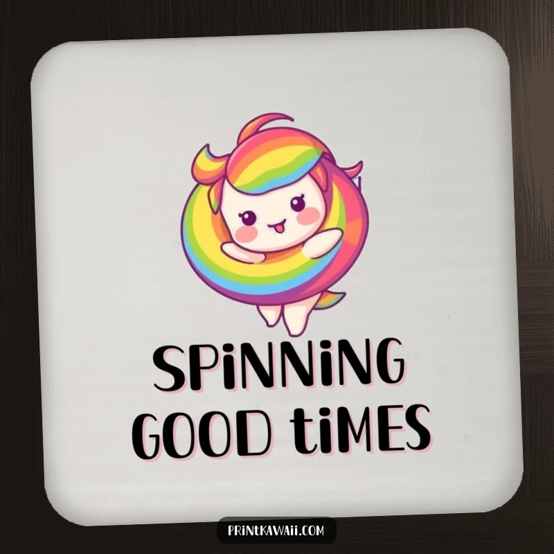 Funny drink coaster featuring a happy rainbow swirl character twirling, protecting surfaces with colorful and humorous flair.