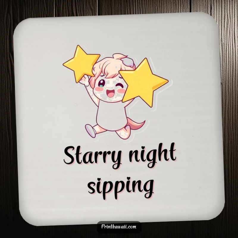Funny Drink Coaster featuring a character triumphantly holding a large, shining star, adding a cheerful touch to any table.