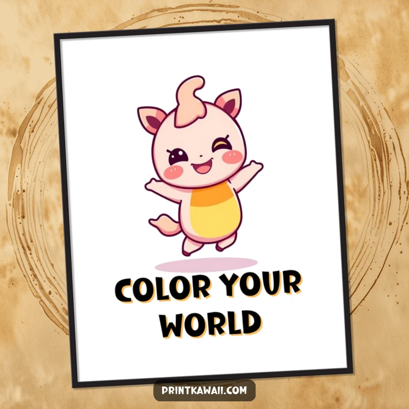 Funny poster of a giggling rainbow character performing a cheerful hop, bringing vibrant energy and playful happiness to any wall decor.