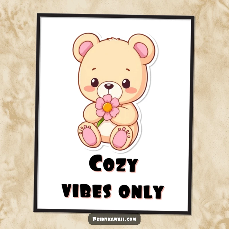 Funny Poster print of a content teddy bear character holding a flower, radiating warmth and gentle comfort for wall decor.