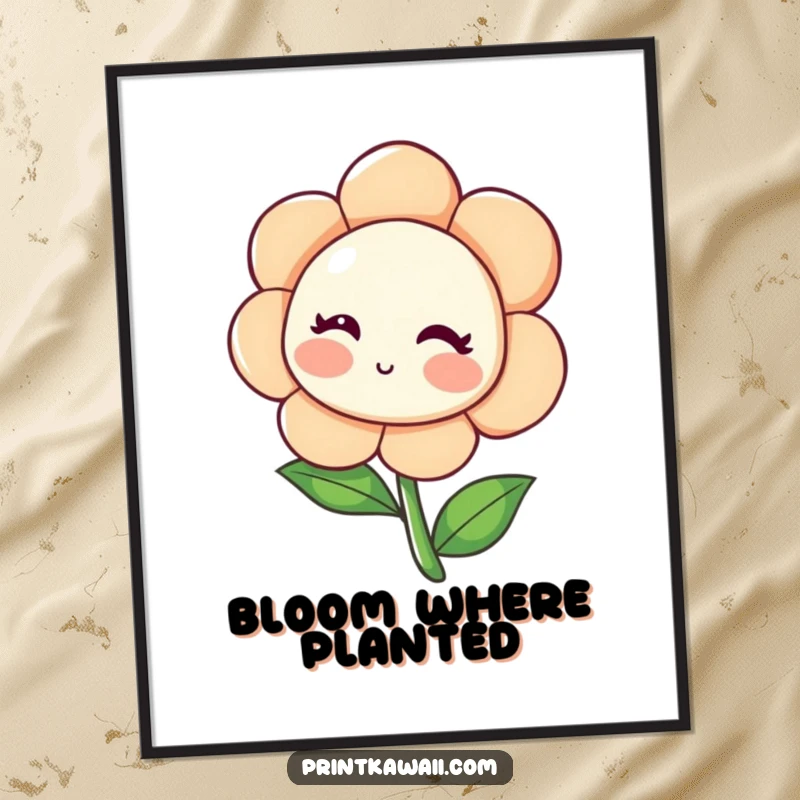 Funny Blushing Flower Poster displaying a shy flower character leaning inwards with a blush, adding gentle and sweet humor to decor, a lovely funny gift.