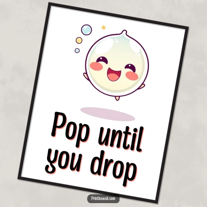 Funny Bubble Poster: A vibrant artwork of a happy bubble character mid-pop, emitting a joyful sound, perfect for cheerful decor.