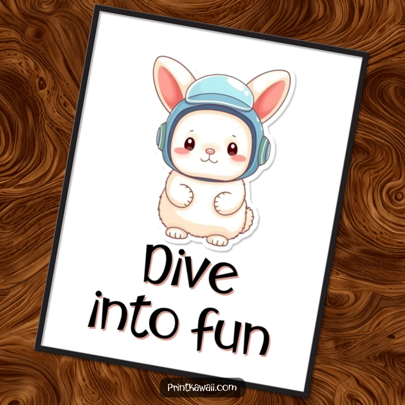 Funny poster art of a fluffy bunny character wearing a tiny, oversized diving helmet, ready for underwater exploration.