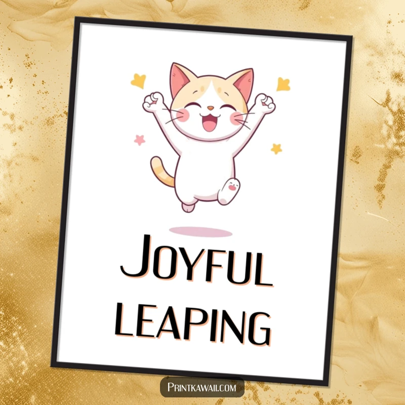 Funny poster featuring a cute cat character in a dynamic mid-air jump, celebrating with a huge smile and playful exuberance.
