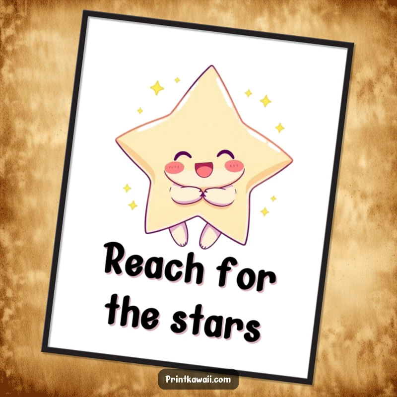 Funny inspirational poster of a character with a wide smile embracing a giant, sparkling star, symbolizing ambition and stellar success.