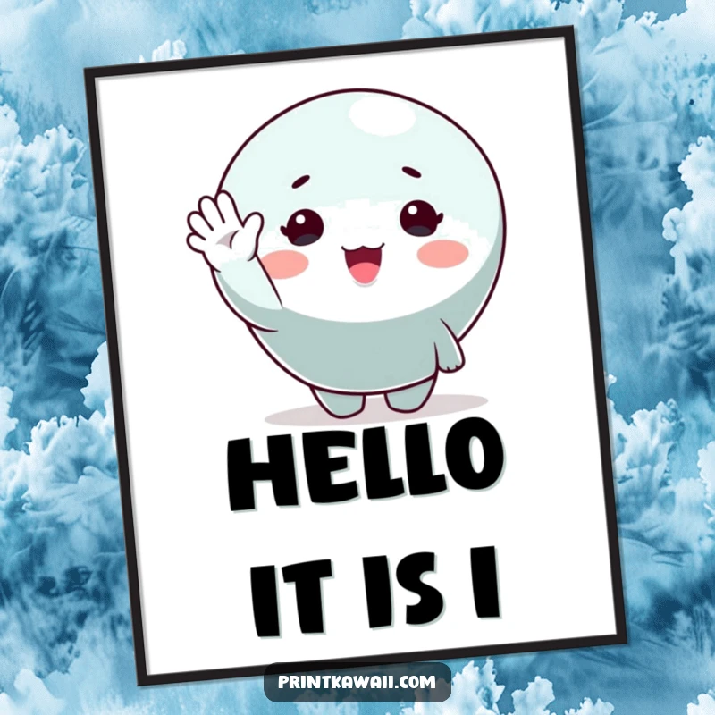 Funny poster print of a cute character happily waving, radiating cheerfulness and a welcoming vibe for wall decor.