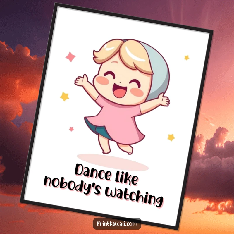 Funny poster art of a cute character doing a happy little dance with infectious glee, capturing a moment of pure, unbridled joy.