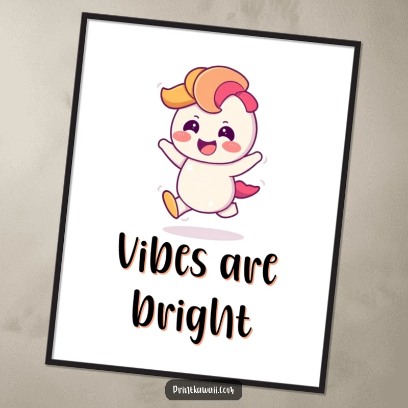 Funny Poster print of a giggling rainbow character doing a cheerful hop, radiating vibrant energy and colorful joy.