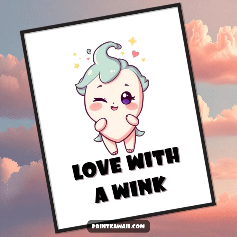 Funny poster showcasing a sparkling heart character giving a playful wink, perfect for adding flirty decor.