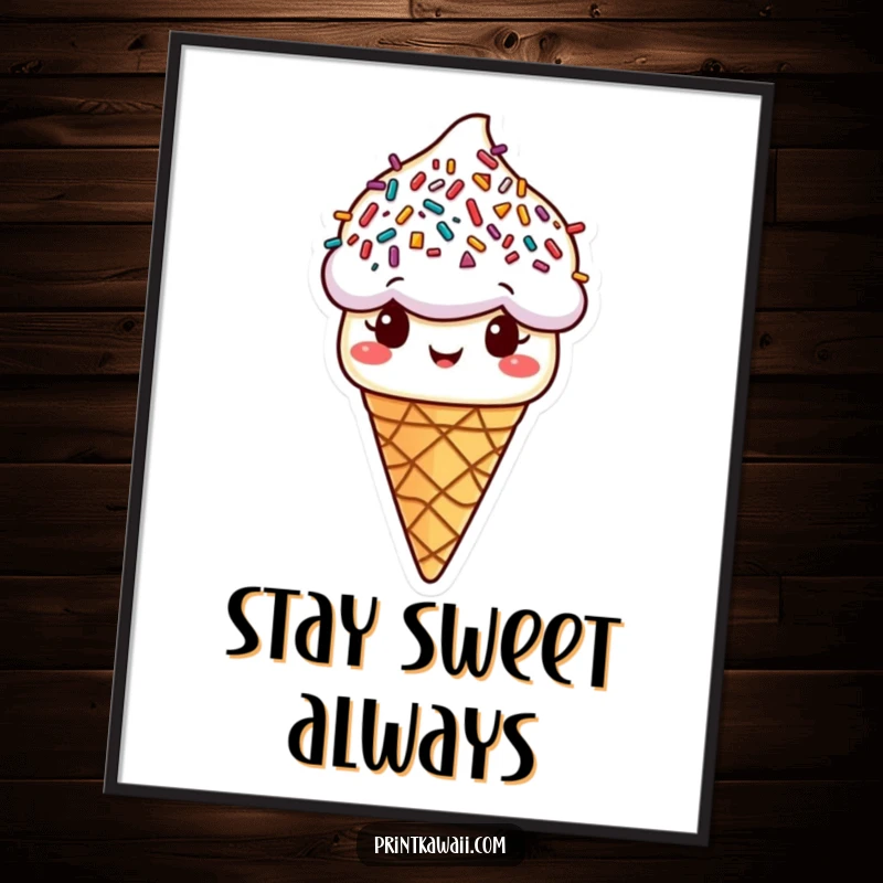 Funny ice cream cone poster with festive sprinkle hair, beaming with joy, a delightful and funny gift.