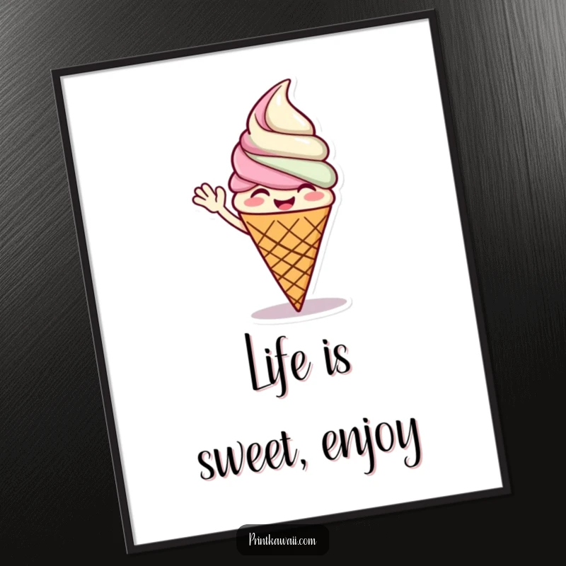 Funny poster showcasing a giggling ice cream cone character waving, bringing a sense of playful joy and sweet delight to wall decor.