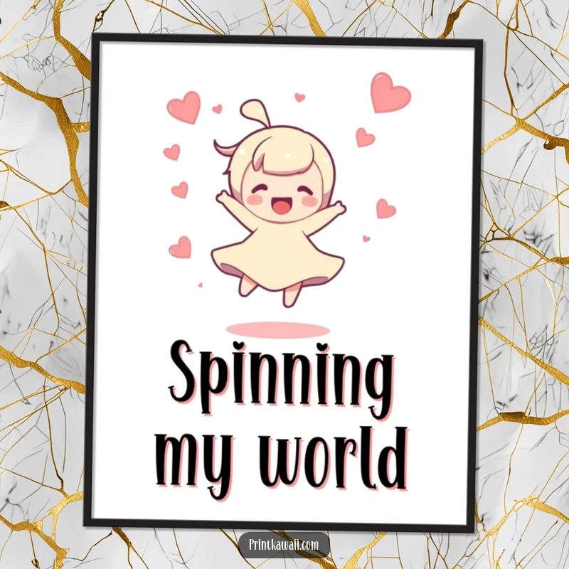 Funny poster depicting a character in a joyful spin with tiny hearts floating around, perfect for uplifting wall decor.