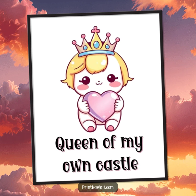 Funny Kawaii Crown Heart Poster: A charming character wearing a crown, holding a glittery heart, adding whimsical decor.