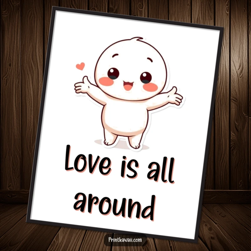 Funny Kawaii Love Poster: Whimsical character in a loving pose with arms outstretched, perfect for heartwarming decor.