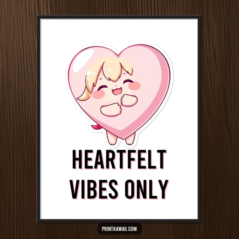 Funny poster art of a kawaii character joyfully embracing a large heart, symbolizing love and happiness in a charming design.