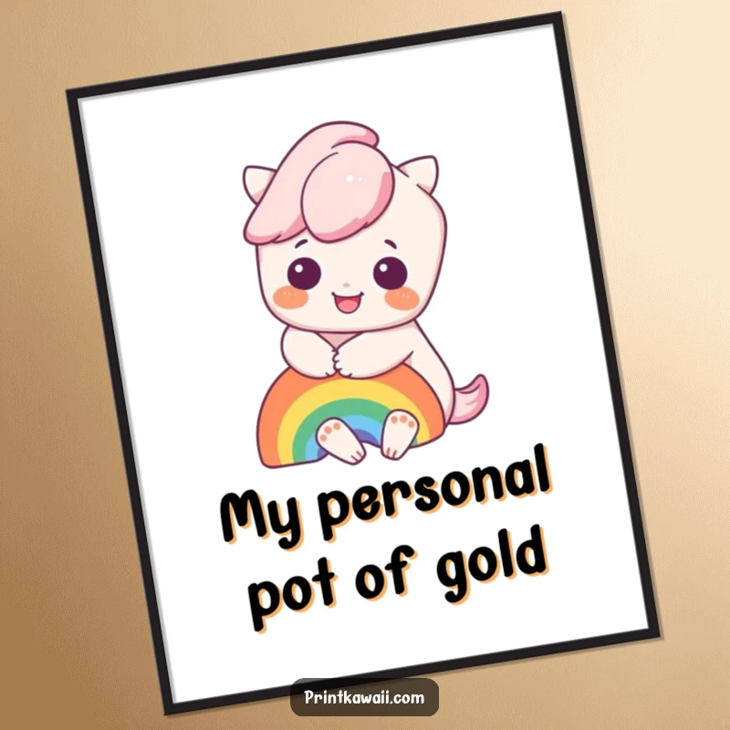 Funny poster print of a lovable kawaii character embracing a colorful rainbow, radiating pure joy and happiness for wall decor.