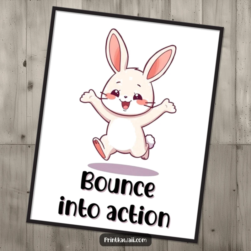 Funny poster of a playful bunny character in a happy leap, ideal for adding a touch of joy and whimsy.