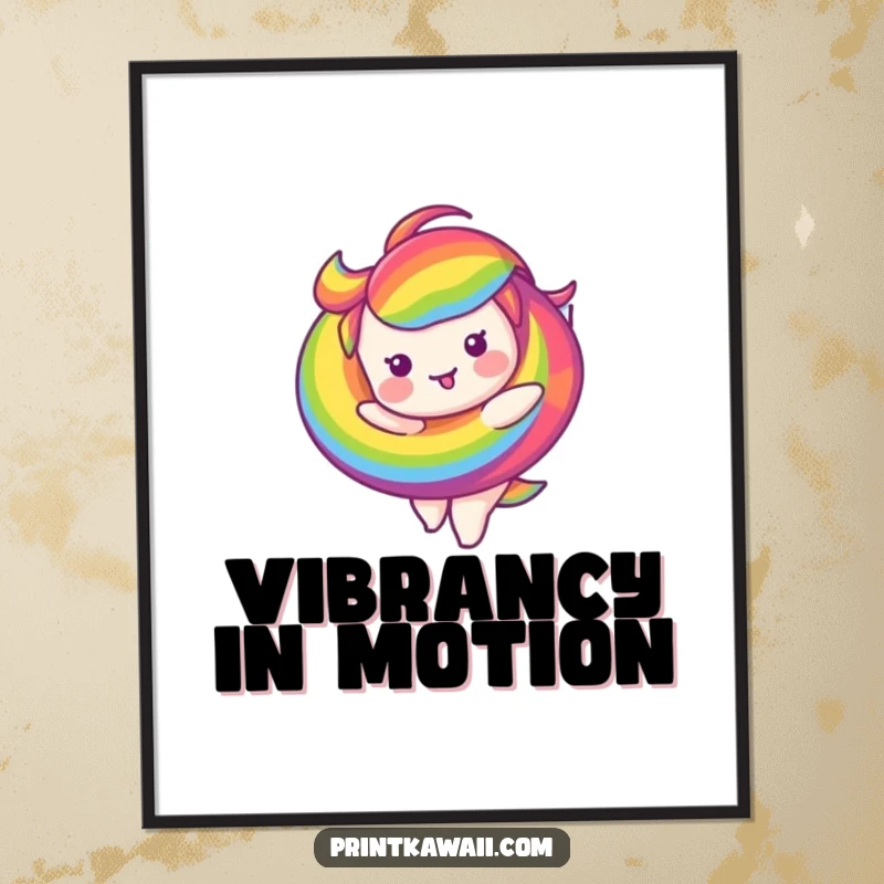 Funny poster print of a brightly colored rainbow swirl character joyfully twirling, adding a humorous artistic touch.