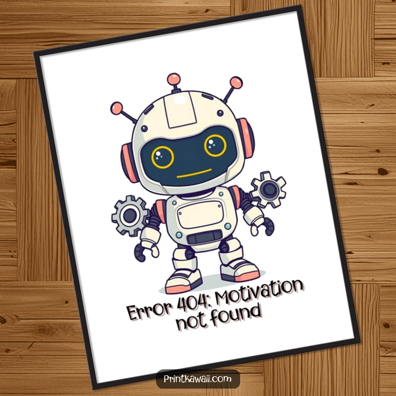Funny poster showcasing a playful robot character with its gears in motion, adding a whimsical and intelligent touch to wall decor.