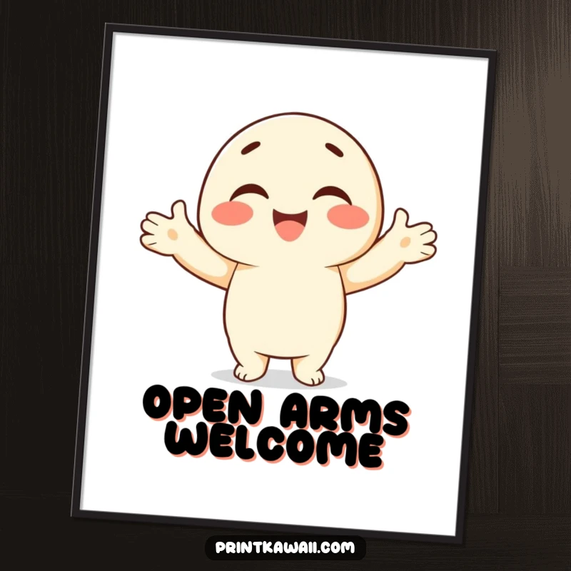 Funny poster of a smiling character with open arms, offering a warm embrace, perfect for inspiring comfort.