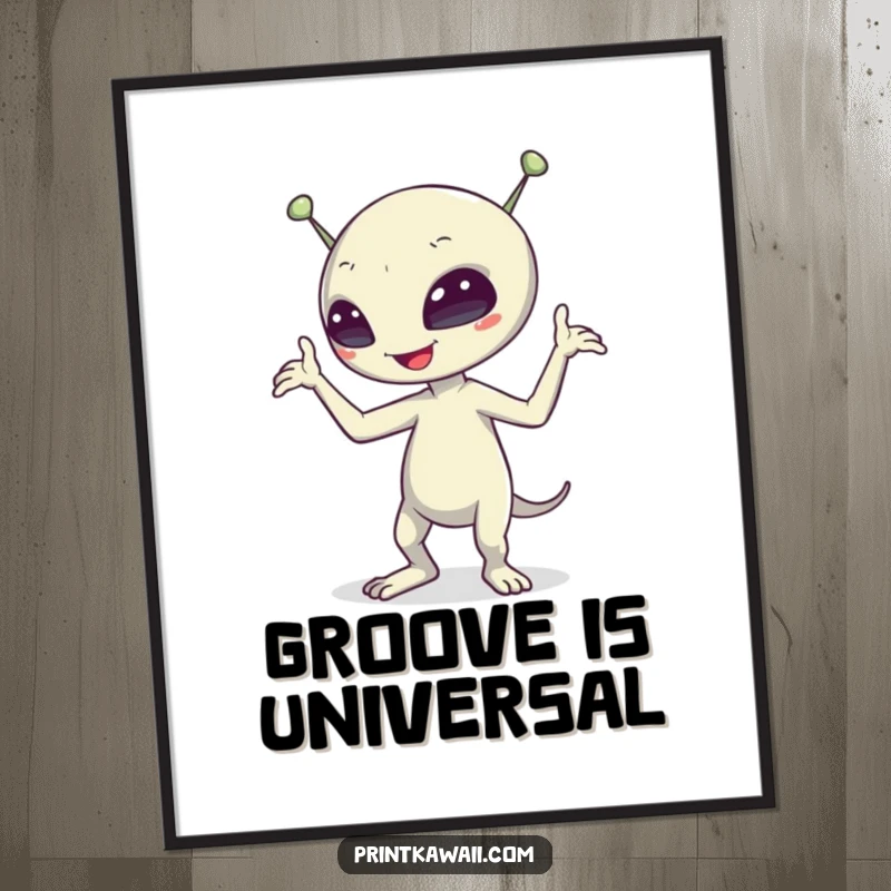 Funny alien character executing a comical dance move on a vibrant poster, capturing its energy and playful extraterrestrial spirit.