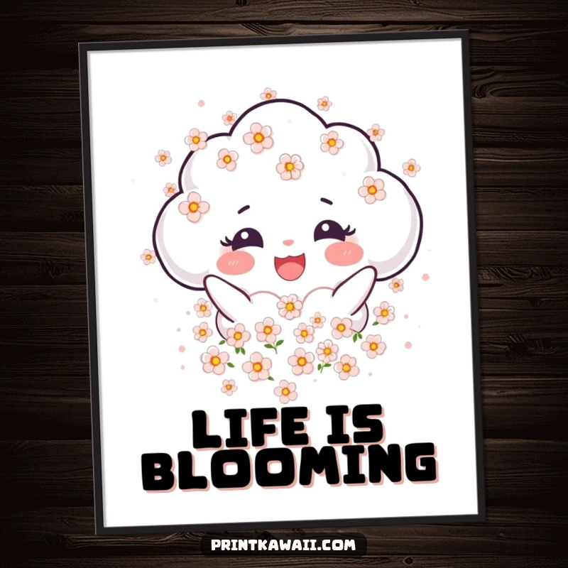 Funny Poster print of a joyful cloud character showering delicate blossoms, adding peaceful and blooming beauty to walls.